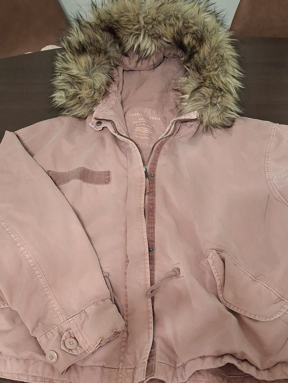 American Eagle Outfitters Dusty Rose Puffer Jacket with Faux Fur Hood